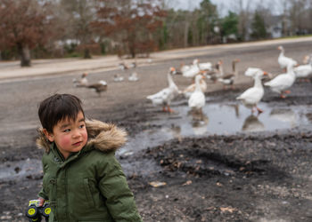 Portrait of boy with birds in the background