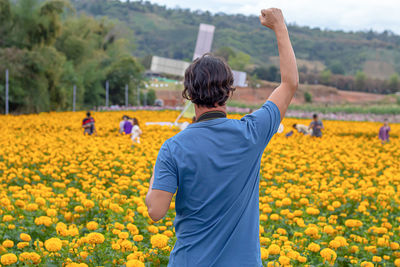 Rear view of man standing amidst yellow flowers against mountain
