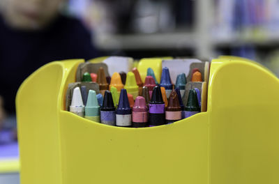 Close-up of multi colored crayons