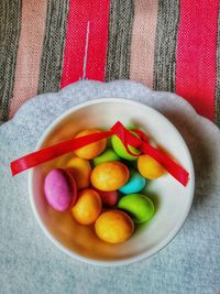 High angle view of fruits in bowl on table