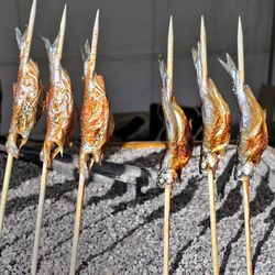 Close-up of fish skews on a barbecue grill