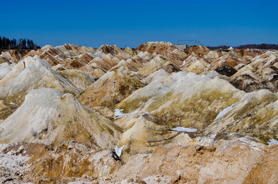 Scenic view of rocky mountains against clear blue sky