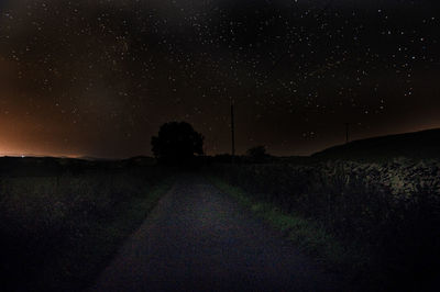 Road amidst field against stars in sky at night