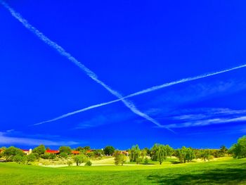 Scenic view of field against clear blue sky