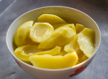 High angle view of fruits in bowl on table