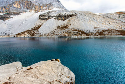 Scenic view of lake and mountains against sky