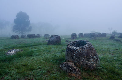 Hay bales on field against sky