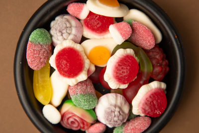 High angle view of fruits in bowl on table