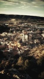 High angle view of town against sky