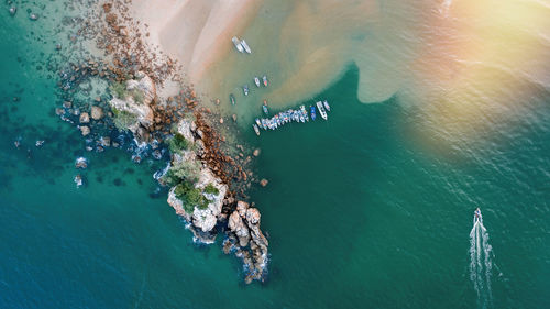 High angle view of boat moored in sea