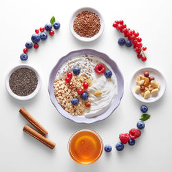High angle view of breakfast served on table