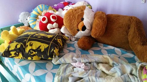 High angle view of stuffed toys