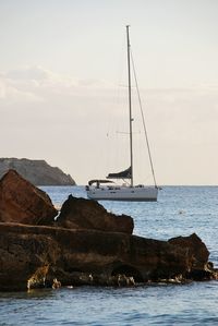 Sailboat sailing on sea against sky