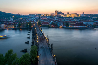 High angle view of city at riverbank