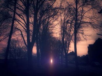 Silhouette of bare trees against sky at sunset