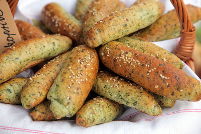 Close-up of bread rolls in basket on table