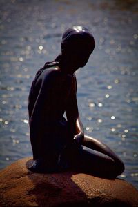 Rear view of man sitting on rock at beach