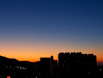Silhouette buildings against clear sky at sunset