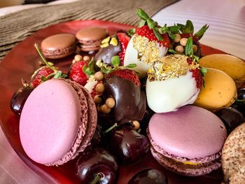 High angle view of fruits in plate on table