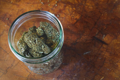 High angle view of cigarette in jar on table