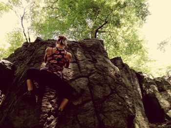 Rear view of young woman sitting on tree