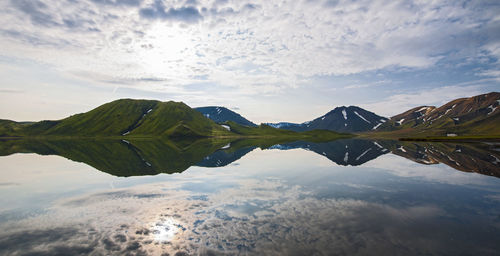 Mountains reflecting in a still lake on the icelandic highlands