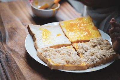 High angle view of breakfast served on table