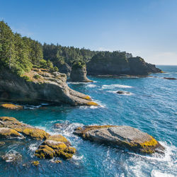 Scenic view of rock formation in sea against sky