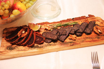 Close-up of cake served on table