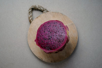 High angle view of pink cake on table