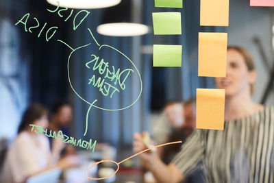 Text and adhesive notes on glass with colleagues working in background at office