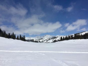 Snow covered landscape against sky