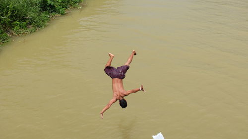 High angle view of man in water