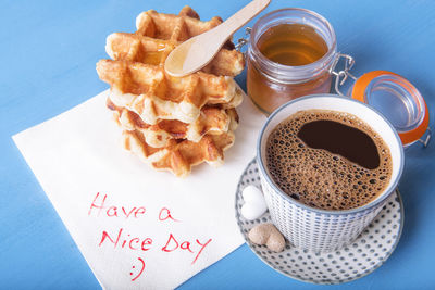 High angle view of coffee on table