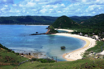 High angle view of bay against sky