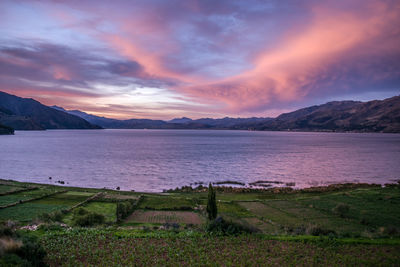 Lagoon at sunset near mountains