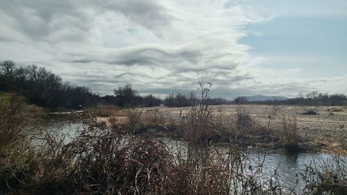 Scenic view of lake against sky during winter