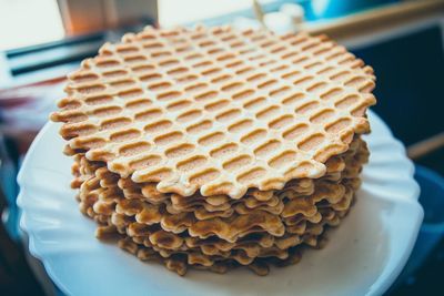 High angle view of cake in plate on table