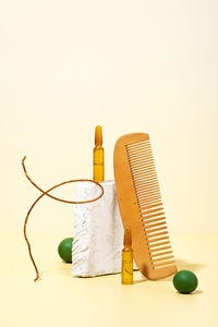 High angle view of beauty products against white background