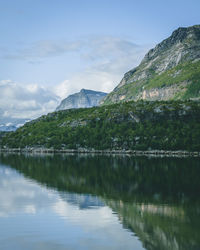 Scenic view of lake and mountains against sky