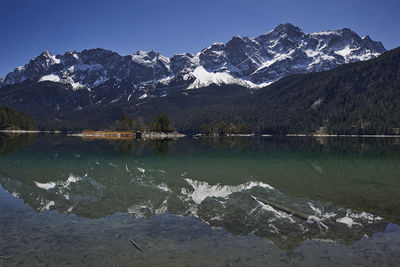 Scenic view of lake by snowcapped mountains against sky