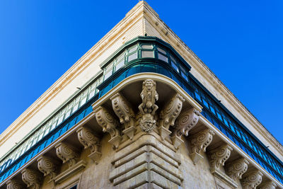 Low angle view of ornate building against clear blue sky