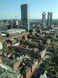 High angle view of buildings in city