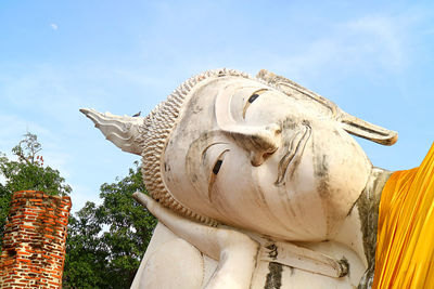 Gentle face of the reclining buddha statue at wat khun inthapramun temple, ang thong, thailand