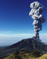 Scenic view of volcanic mountain against blue sky