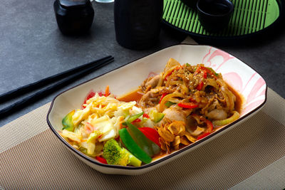 High angle view of meal served on table