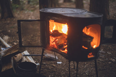 Close-up of fire on table