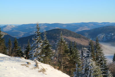 Scenic view of snowcapped mountains against clear sky