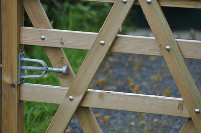 Close-up of metallic fence against railing