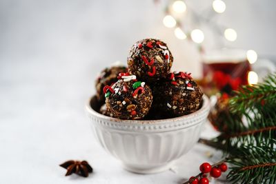 Close-up of christmas decorations on table